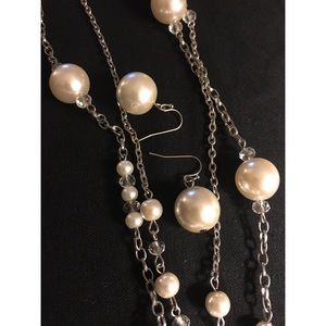 Long, two strand fashion pearl necklace + earrings